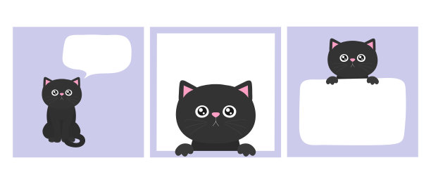 可爱的黑色小猫设置在框架与复制空间。黑猫拿着空纸。有说话泡泡的猫。可爱的卡通人物，有胡子和爪子。矢量艺术图片下载