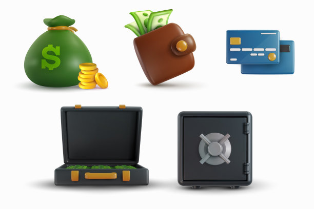 设置矢量3d商业金融或银行图标在现实的卡通风格。保险箱，钱包，钱袋，箱子，信用卡。创意商业设计元素。彩色光泽的艺术插图。图片下载