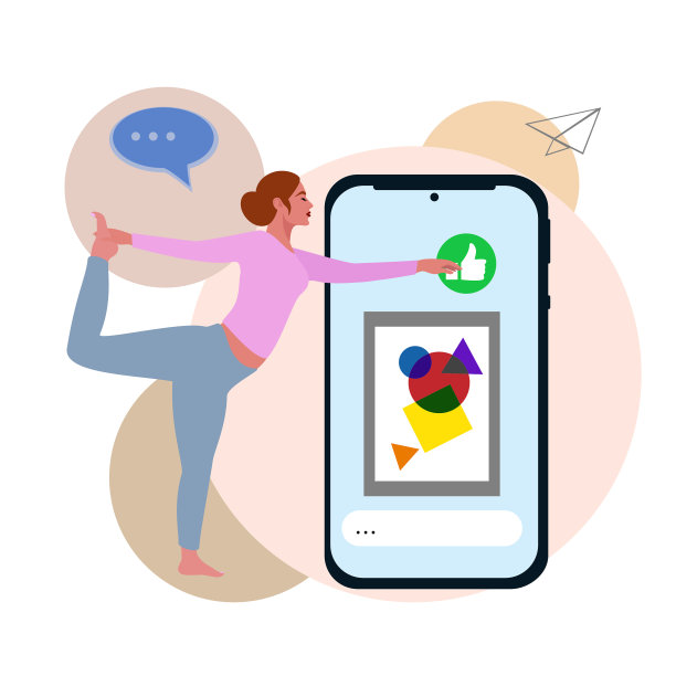 做瑜伽姿势的白人女性伸手去按手机上的点赞按钮。人和社交媒体图片下载