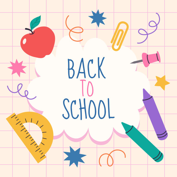 返校横幅模板。平面卡通手绘插画。矢量设计与学校用品:尺子，苹果，蜡笔。完美的社交媒体，网络广告，印刷，传单，卡片。图片下载
