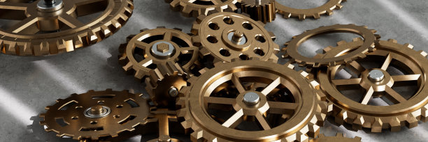 堆金属齿轮和齿轮3d渲染图片下载