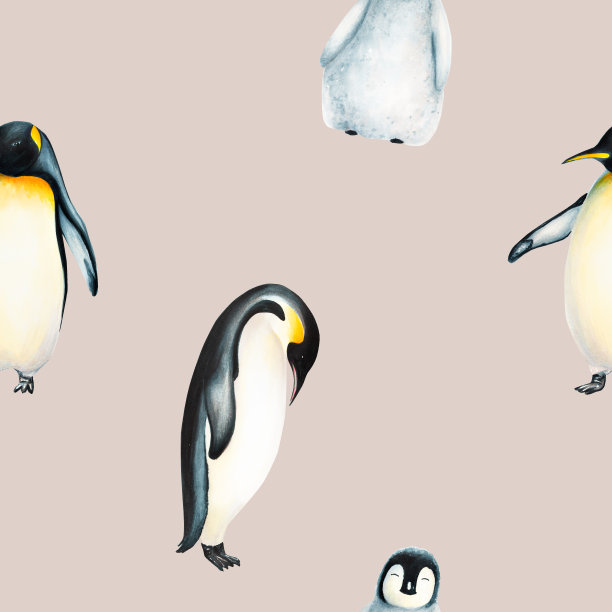 水彩无缝图案与王企鹅家族隔离。手绘现实的北极和南极海洋哺乳动物。用于设计师，装饰，明信片，包装纸，剪贴簿，封面，标志，邀请函，海报和纺织品图片下载