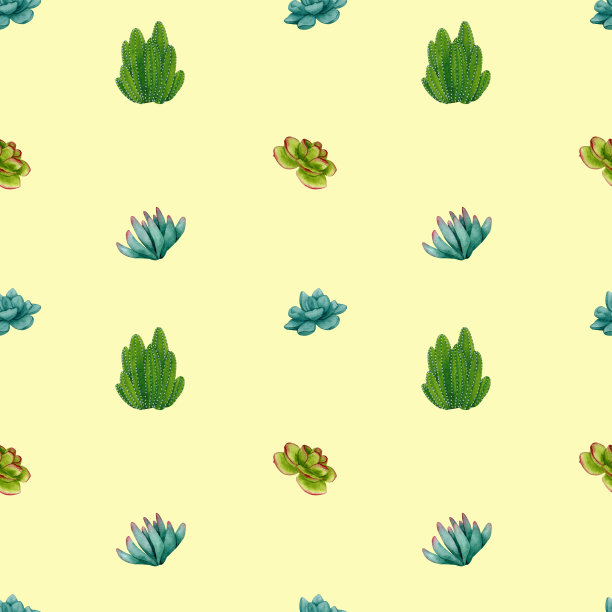 无缝图案与仙人掌和多肉植物在黄色的背景。水彩植物装饰卡片，包装，包装，文具，织物，纺织品。节日、生日、周年纪念设计。图片下载