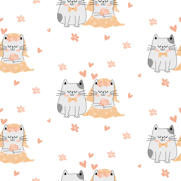 猫婚礼图案背景无缝卡通手绘。可爱的猫婚礼印刷模板矢量插图图片下载