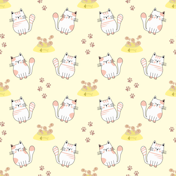 猫无缝图案背景打印模板。表面设计的剪贴簿，礼品包装，贺卡。有趣可爱的猫卡通人物派对邀请背景。图片下载