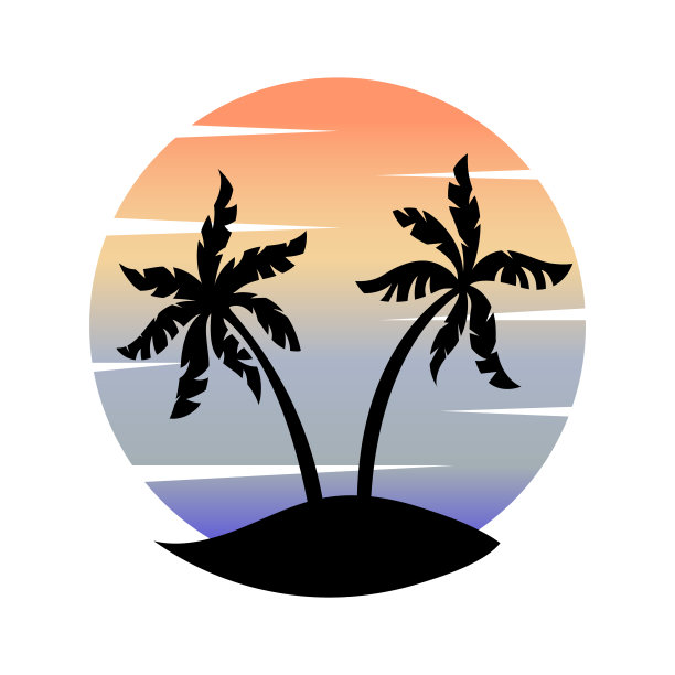 棕榈树上看岸，与美丽的日落矢量标志。旅游和度假插图。图片下载