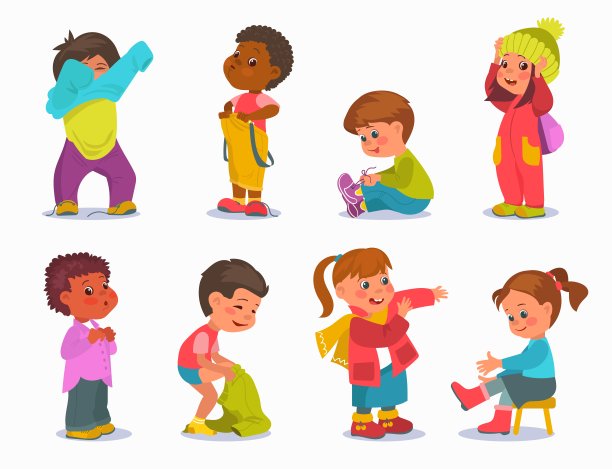 可爱的男孩和女孩打扮。孩子们穿上衣服和鞋子。快乐的孩子换衣服。独立的小人们。穿着毛衣和裤子的自力更生的婴儿。锦绣向量集图片下载