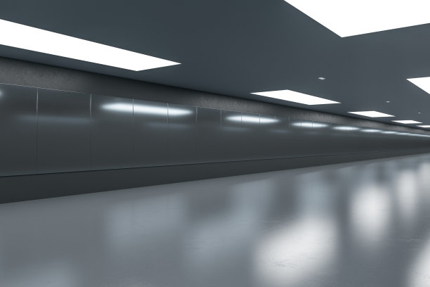 有天花板灯和反光的灰色混凝土地下走廊。地铁和车站的概念。3 d渲染。图片下载