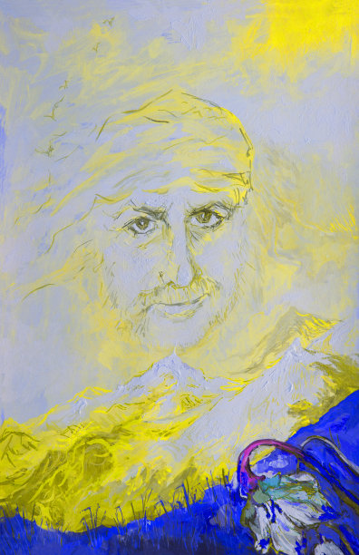 插图油画:在春天的山景中，远处是一片鲜花和白雪皑皑的山脉，在天空中以风和云的形式描绘的一名男子的肖像图片下载