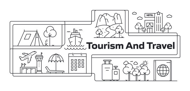 旅游与旅游现代线旗帜图标。冒险，海滩，护照，旅游，世界地图图片下载