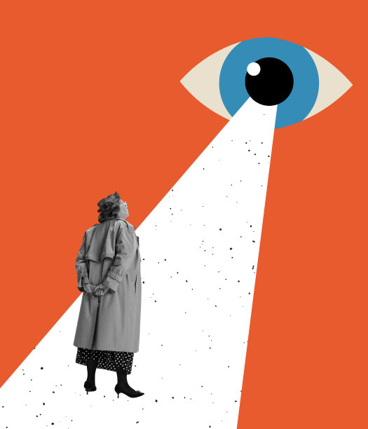 当代艺术拼贴。女人站在大眼睛下使影响隔离在红色背景。社会压力图片下载
