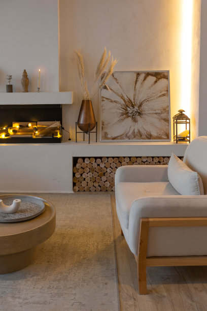 一个别致的乡村别墅的舒适温暖的家庭内部，开放式的平面，木材饰面，温暖的颜色和家庭壁炉。为家庭和客人提供娱乐区域的视野图片下载