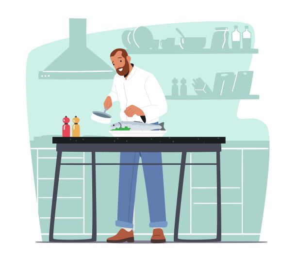 男性角色烹饪海鲜。成熟男人把酱倒在大鱼上躺在家里厨房男人准备饭菜图片下载