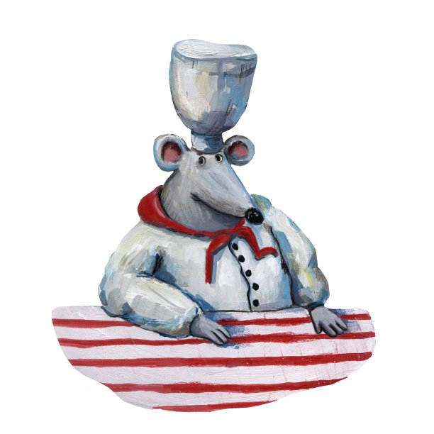 可爱的老鼠水粉插图。老鼠厨师。厨房的艺术。老鼠在帽子。插图的美食。厨房的剪纸艺术。有趣的卡通风格，手绘艺术。老鼠在烹饪帽。餐厅的职业。图片下载