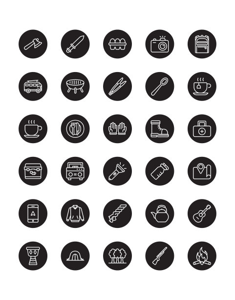 露营图标设置30孤立的白色背景图片下载