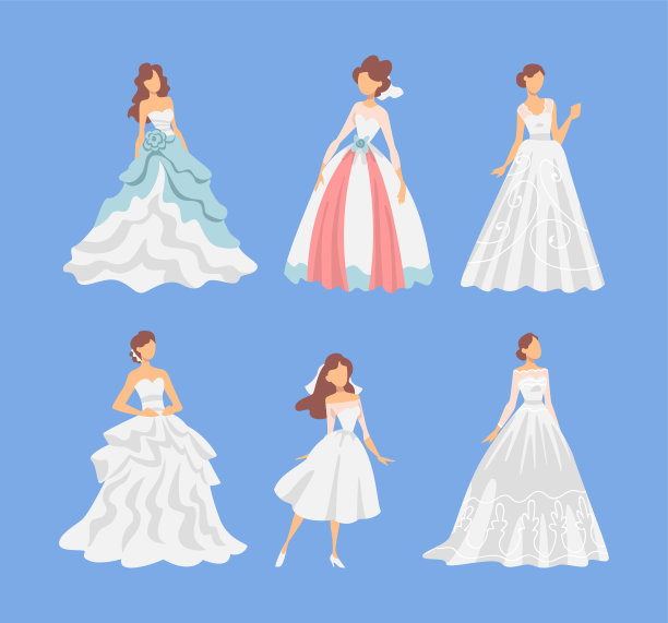 新娘在白色婚纱礼服站作为新婚或刚刚结婚的女性在蓝色背景矢量集图片下载