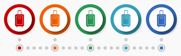 旅行箱概念矢量图标集，信息图表模板，平面设计圆形彩色网页按钮5种颜色的选项图片下载