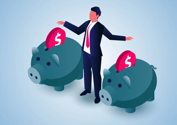等距商人把金币放进两个储蓄罐，投资计划和投资策略图片下载