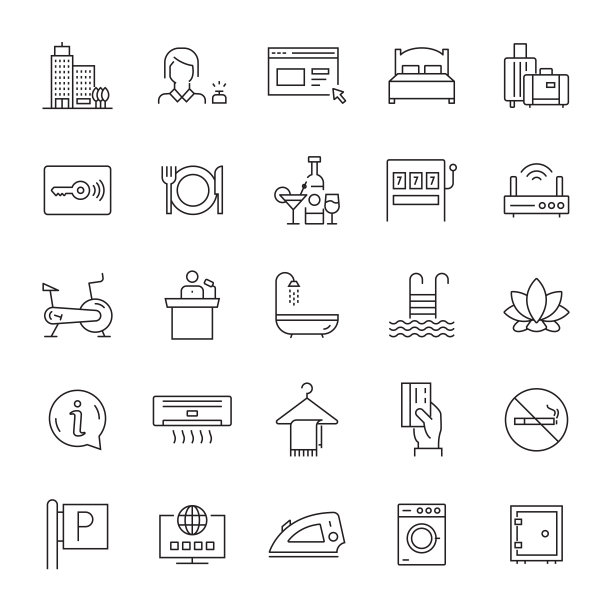 一组酒店服务和设施相关的线路图标。可编辑的中风。简单的轮廓图标。图片下载