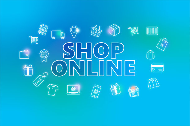 网上商店-电子商务网页横幅上的蓝色背景。各种购物图标。图片下载
