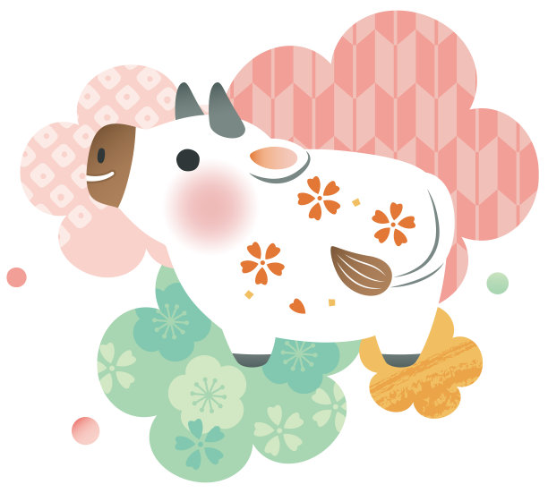 一只可爱的白色小母牛，背景上有花朵和日本图案。图片下载