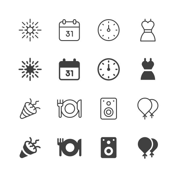 新年前夕的线和固体图标。可编辑的Stroke，包含气球、日历、时钟、五彩纸屑、服装、烟花、午夜、音乐、新年、派对、演讲者等图标。图片下载