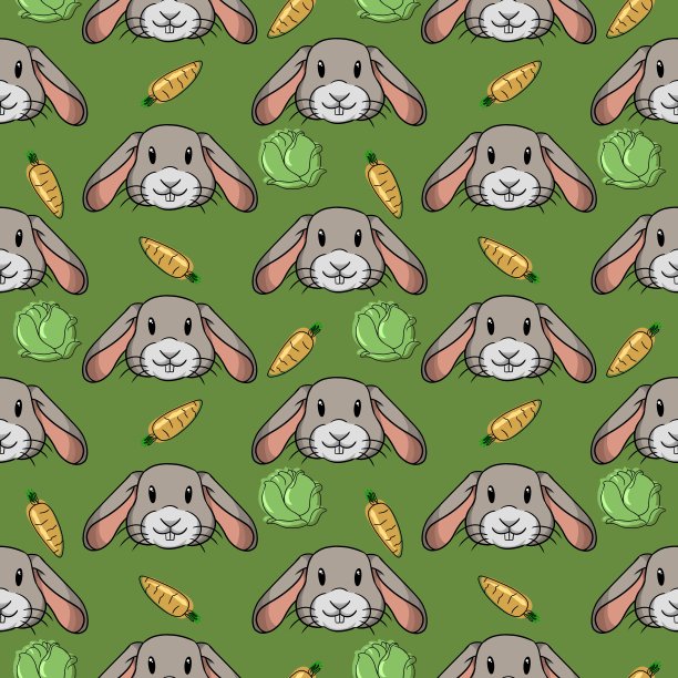 绿色印刷。可爱的兔子配上绿色的卷心菜和橙色的胡萝卜，无缝的方形图案图片下载