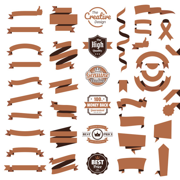 一套棕色丝带，旗帜，徽章，标签-设计元素在白色的背景图片下载