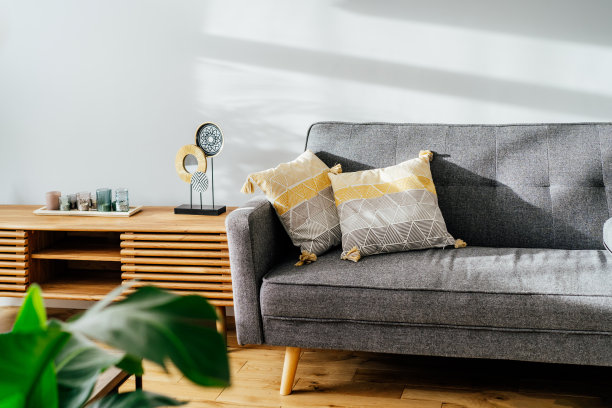 时尚的客厅室内与设计师控制台decor和灰色沙发与图形枕头。白色的墙壁，绿色的花盆。轻质橡木拼花地板。现代斯堪的纳维亚风格的室内设计。图片下载