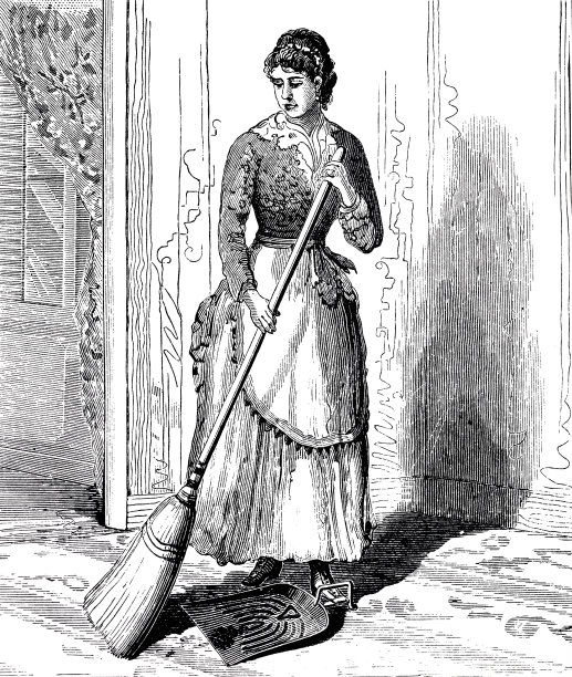 年轻的家庭主妇，系着围裙，拿着一把扫帚，长长的，下面是簸箕图片下载