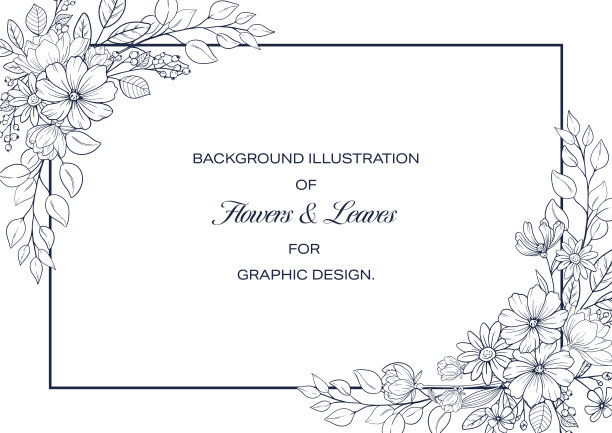 装饰框架与花卉和植物，海军线绘制在白色背景。图片下载