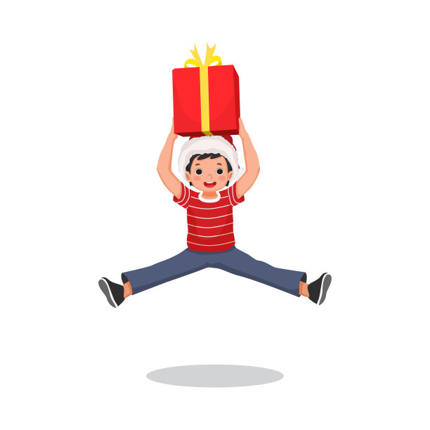 快乐的男孩抱着圣诞礼物蹦蹦跳跳图片下载