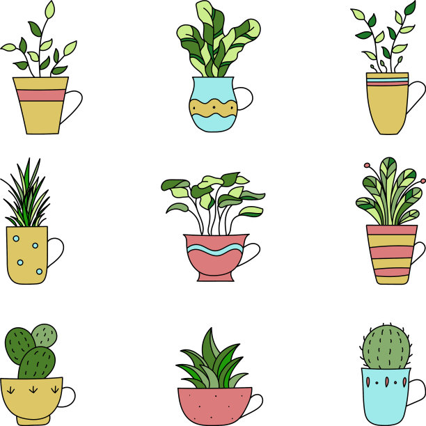 设置手绘植物在杯子卡通涂鸦图片下载