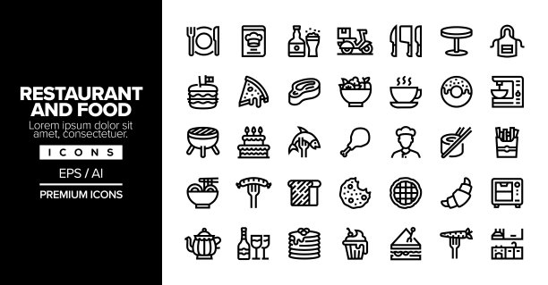 餐厅和食品可编辑笔画线图标集系列图片下载