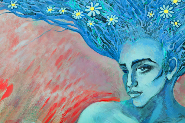 一幅以盛开的雏菊为背景的复古发型长发女子的插画油画图片下载