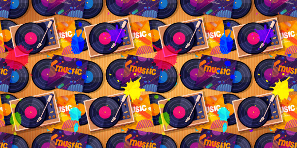无缝音乐复古背景在卡通风格。黑胶唱片和一台有污渍的留声机，背景是粗糙的硬纸板。图片下载