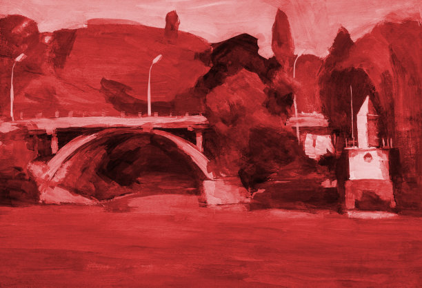 插图景观在复古风格的石桥上的河流山坡与草地和树木在落日的色调和河流图片下载