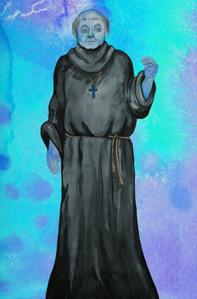 插图水彩画的光头牧师僧侣在黑色袈裟上的背景从水彩画在蓝色的天空阴影图片下载