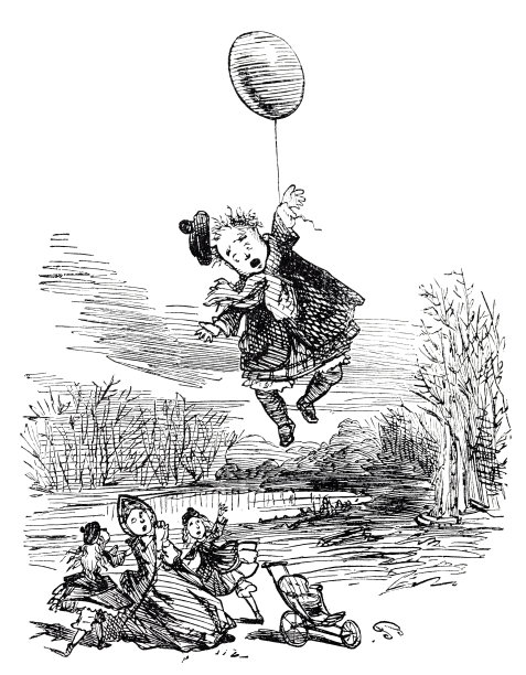 一个孩子拿着气球飞走了，他的兄弟姐妹们都吓坏了图片下载