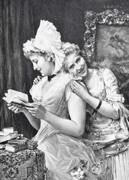 两个年轻的女性朋友正在愉快地阅读图片下载