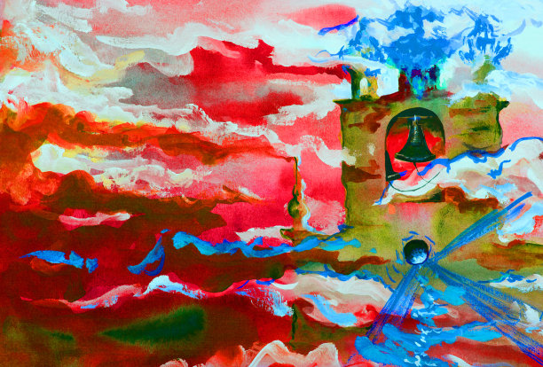 时尚的插画现代艺术作品超现实主义我的原画水彩和丙烯纸讽喻奇异的风景天空与云彩和神话宫殿庙宇的天堂和平行的世界从云升起图片下载