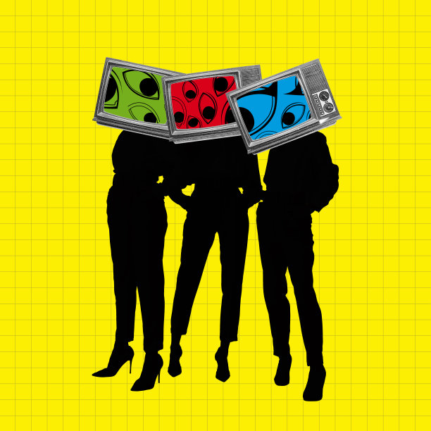 当代艺术拼贴。人们带着右边黄色背景的复古电视机前进。新闻、宣传图片下载