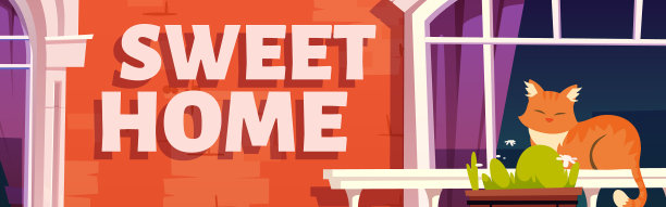 温馨的家庭海报，复古阳台上有一只猫图片下载