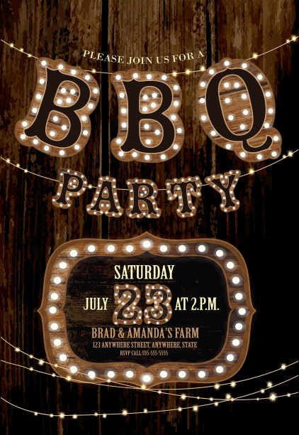 乡村烧烤婚礼请柬木制招牌和串灯图片下载