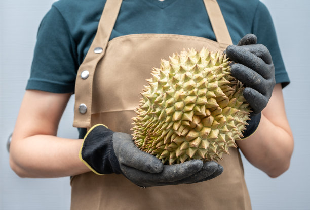 女商人手持榴莲的剪影镜头。图片下载