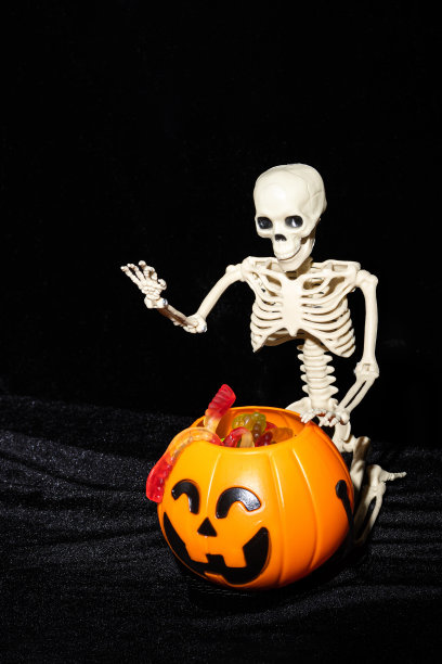 一个坐着的骷髅从一个黑色背景的南瓜糖形状的桶里拉出来图片下载