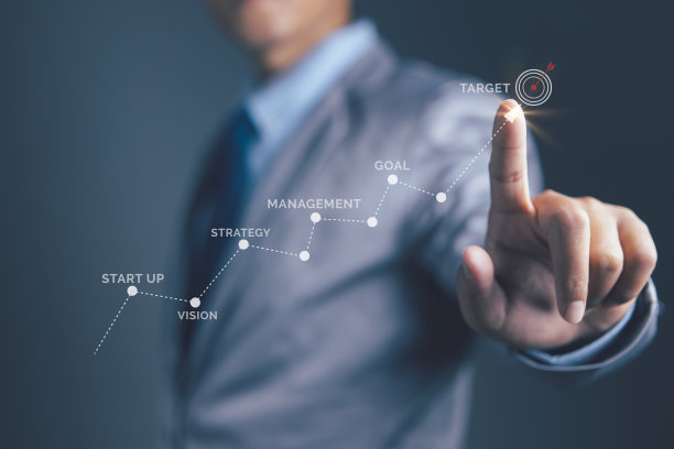 商人用手指着正在进行中的创业公司，并在目标上画出增长潜力的图表。业务增长、进步或成功。图片下载