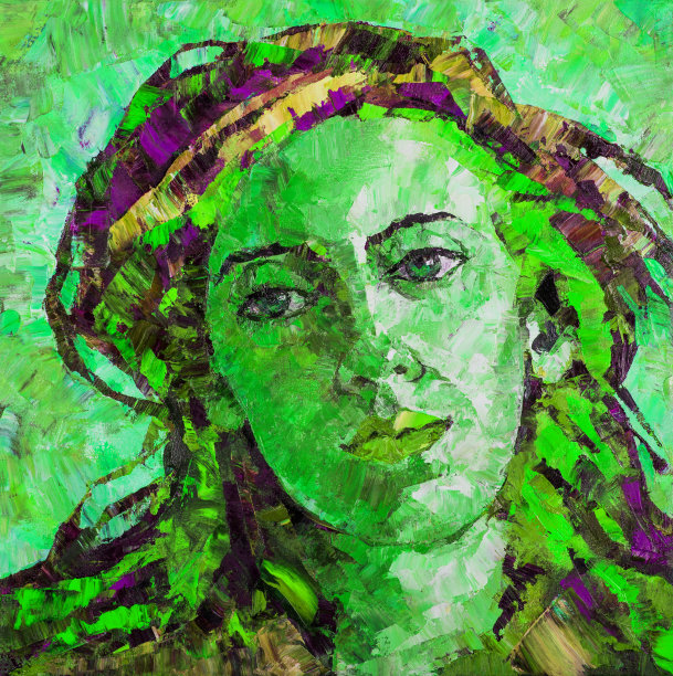 插图油画肖像的年轻女人与彩虹颜色的阴影染头发在背景在绿色调图片下载