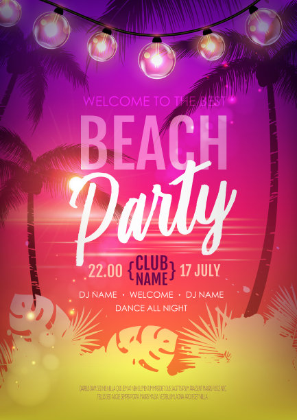 夏季迪斯科派对海报，热带树叶和串串灯。夏天的背景。矢量图图片下载