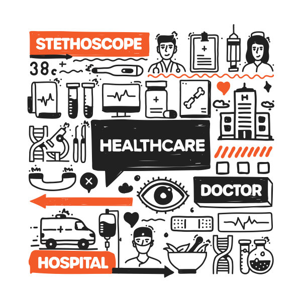 医疗保健对象和元素。矢量涂鸦插图收集。手绘图标集或横幅模板图片下载